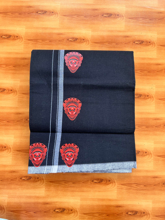 Single Kaily / Lungi- 20% Discount !! Kaitharikada - Pure Cotton - (40s) - 0.5 inch White Kara Theyyam Printed Design Kara with Black colour Body (2 meter / 4 muzham) - 29 KK8062 GAN