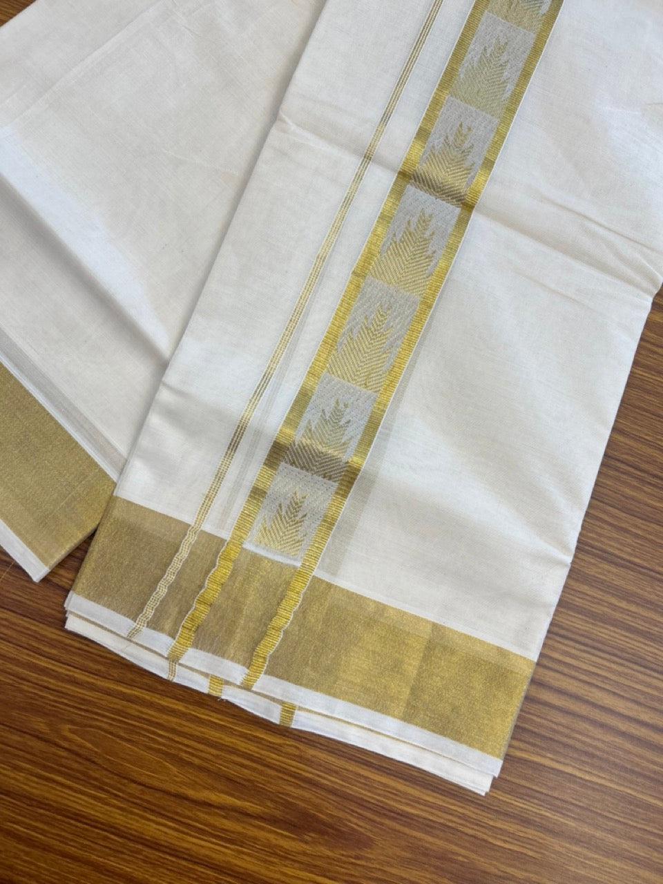KaithariKada Balaramapuram Pure Cotton DOUBLE OFF WHITE - (Ubleached) Mundu/Dhoti - 60s - 1.75 inch Gold Kasav Jacquard Temple Big Design Kara 4 mtr (8.5 muzham) - 14 KK5281 GAN