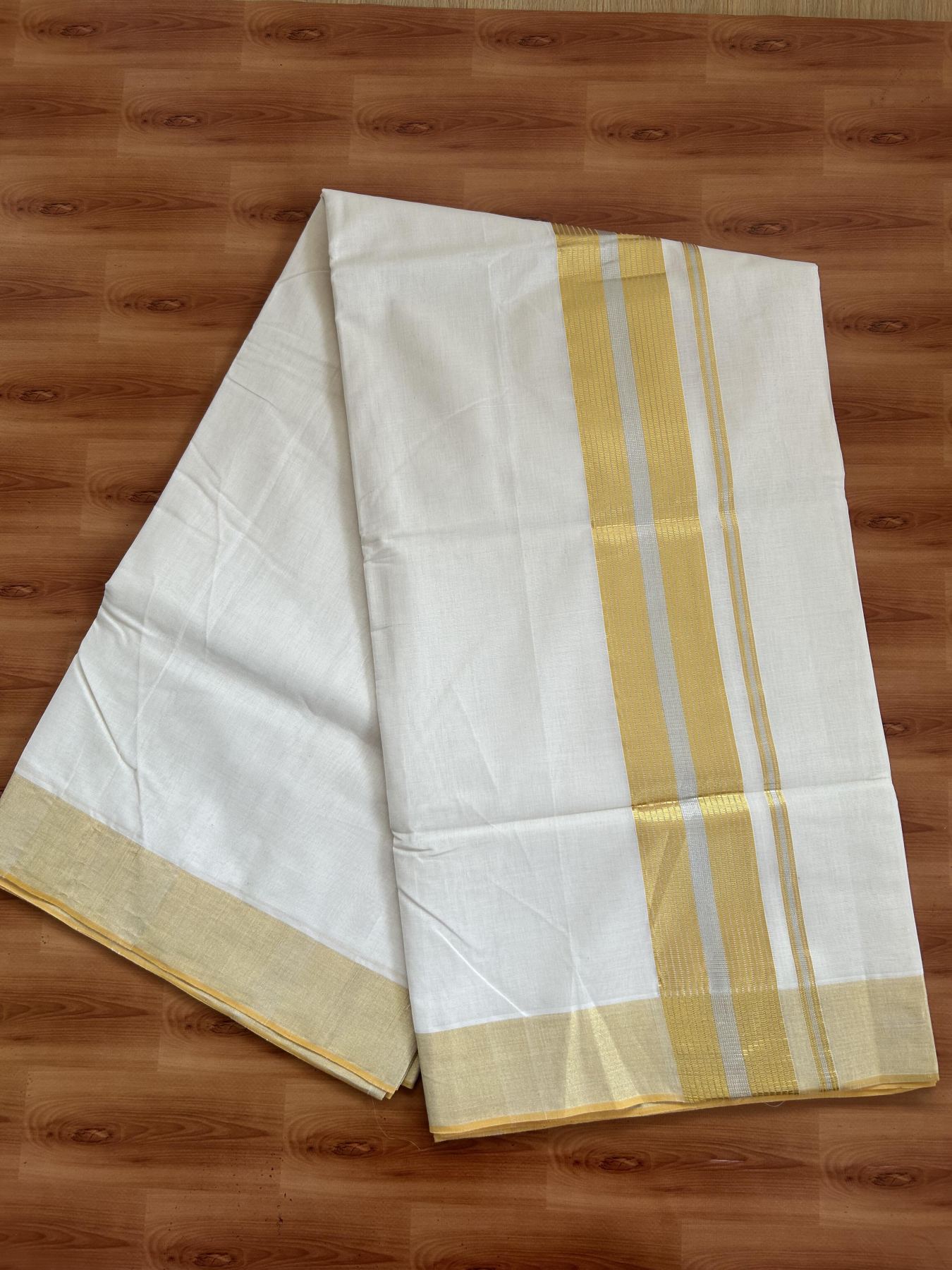 Kerala Saree for Women - 25% Discount KaithariKada Handloom Millpaav Balaramapuram - 100% Pure Cotton - 3 inch Gold & Silver Kasav striped Kara - 11 KK7158 RAV