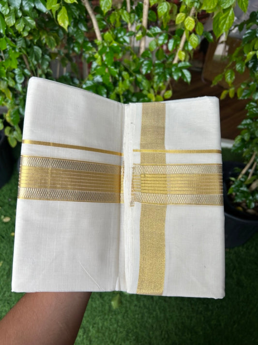 25% DISCOUNT ! KaithariKada HANDLOOM UNAKKUPAAV Balaramapuram - 100% PURE Cotton Off White - (Unbleached) Double Mundu/Dhoti - 2 inch Gold Kasavu & Silver Kasavu Striped Design Kara - 6KK5208ABH