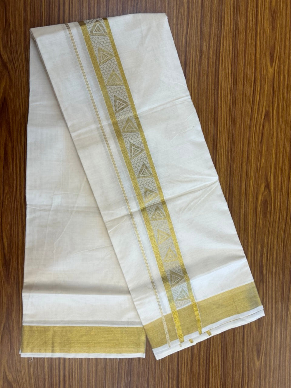 KaithariKada Balaramapuram Pure Cotton DOUBLE OFF WHITE - (Ubleached) Mundu/Dhoti - 60s - 1.75 inch Gold Kasav Jacquard Big Design Kara 4 mtr (8.5 muzham) - 15 KK5281 GAN
