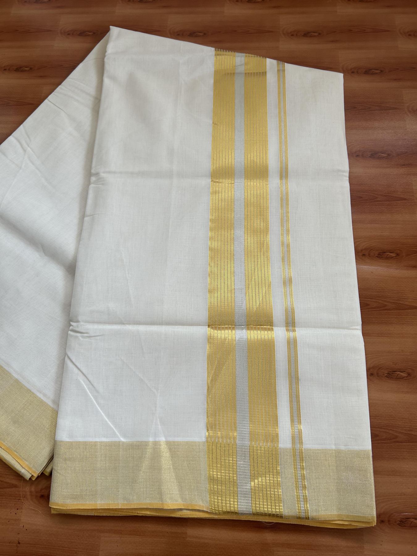 Kerala Saree for Women - 25% Discount KaithariKada Handloom Millpaav Balaramapuram - 100% Pure Cotton - 3 inch Gold & Silver Kasav striped Kara - 11 KK7158 RAV