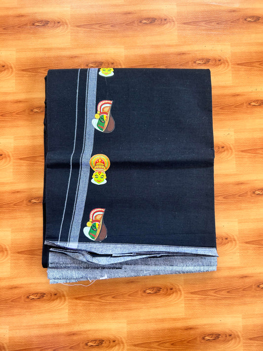 Single Kaily / Lungi- 20% Discount !! Kaitharikada - Pure Cotton - (40s) - 0.5 inch White Kara Kathakali Printed Design Kara with Black colour Body (2 meter / 4 muzham) - 31 KK8062 GAN