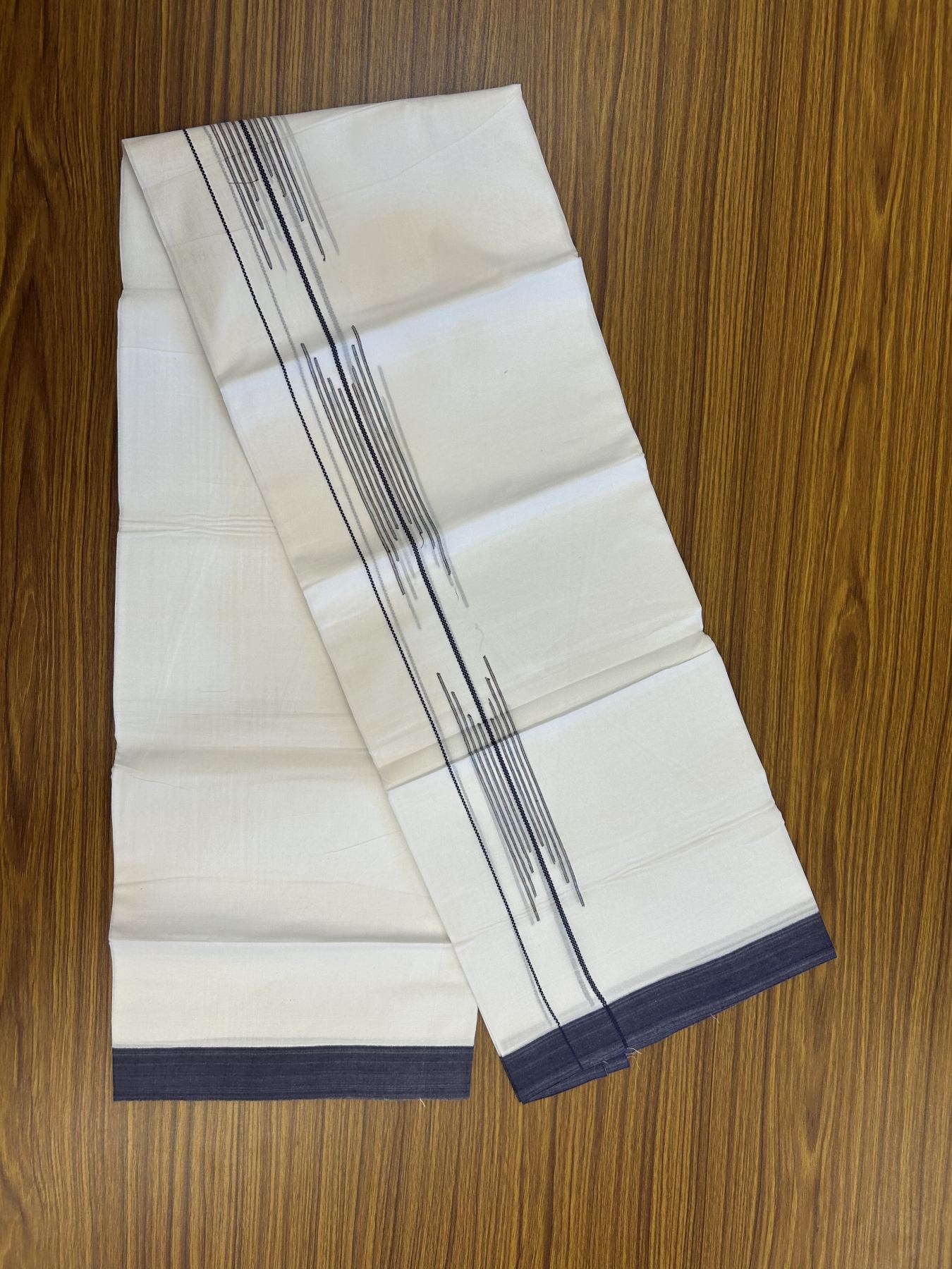 20% Discount ! Kaitharikada Balaramapuram 100% Cotton Pure White Double Mundu/Dothi - 100x80 - 1.5 inch Navy Blue Stripes Design Kara 3.80 mtr (8 muzham) - 20 KK5319 THI