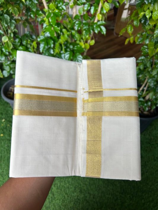 25% DISCOUNT ! KaithariKada HANDLOOM UNAKKUPAAV Balaramapuram - 100% PURE Cotton Off White - (Unbleached) Double Mundu/Dhoti - 1.75 inch Gold Kasavu & Silver Kasavu Striped Design Kara - 7KK5208ABH