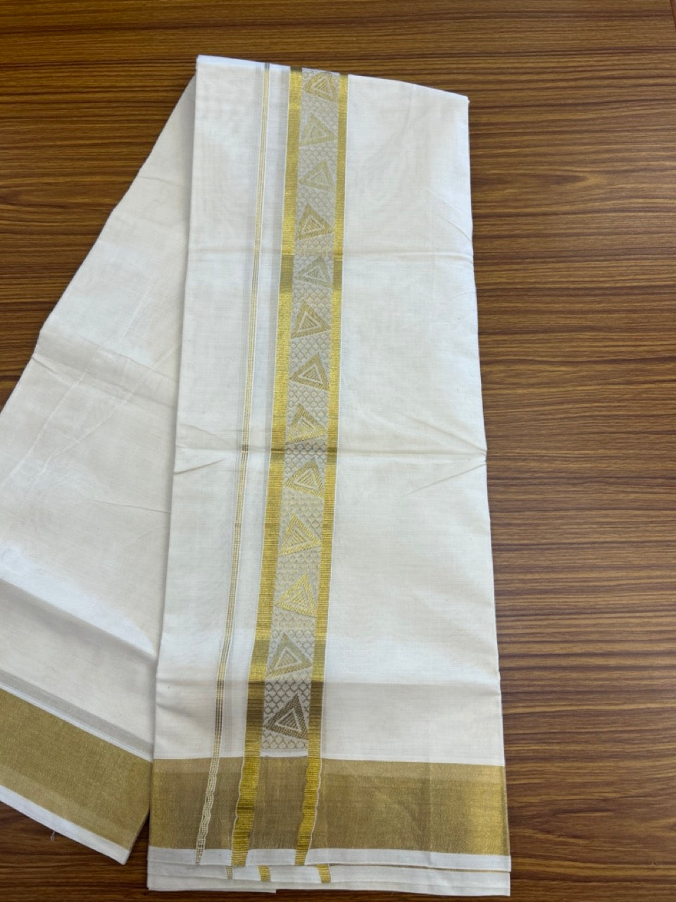 KaithariKada Balaramapuram Pure Cotton DOUBLE OFF WHITE - (Ubleached) Mundu/Dhoti - 60s - 1.75 inch Gold Kasav Jacquard Big Design Kara 4 mtr (8.5 muzham) - 15 KK5281 GAN