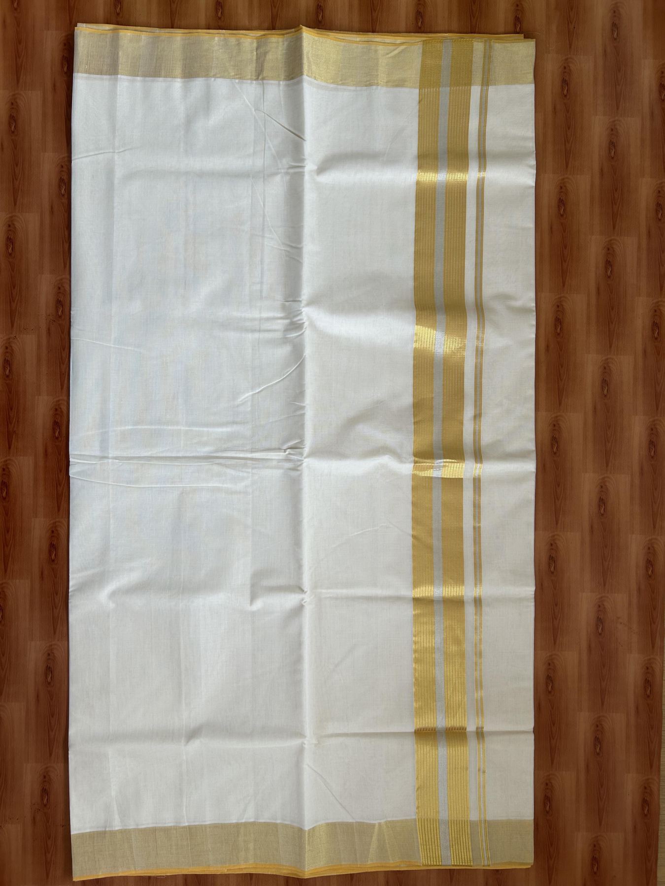 Kerala Saree for Women - 25% Discount KaithariKada Handloom Millpaav Balaramapuram - 100% Pure Cotton - 3 inch Gold & Silver Kasav striped Kara - 11 KK7158 RAV