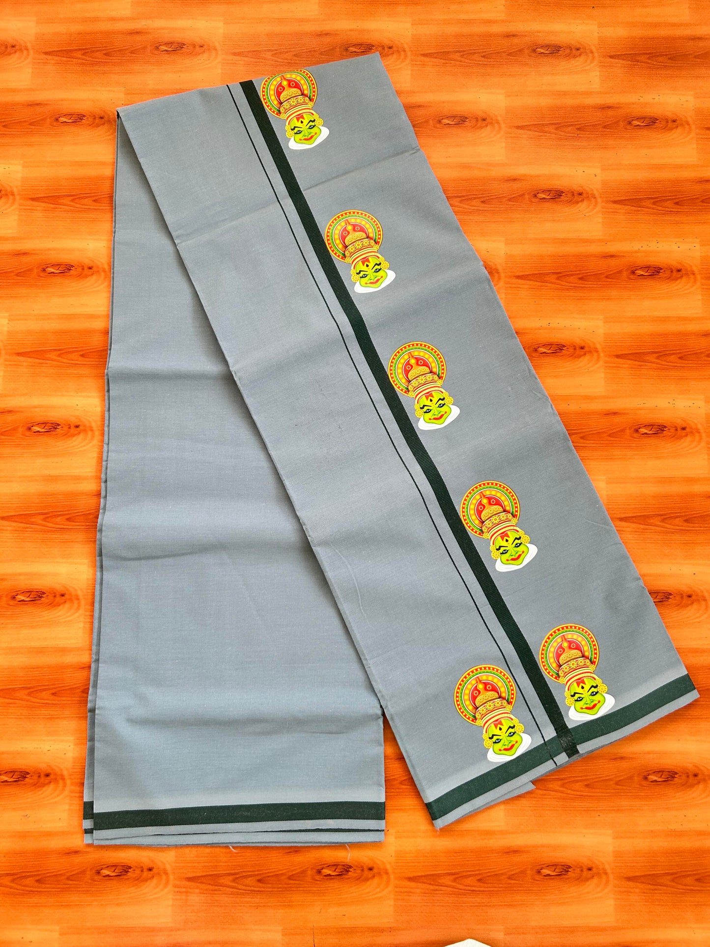 Single Kaily / Lungi- 20% Discount !! Kaitharikada - Pure Cotton - (40s) - 0.5 inch Dark Green Kara kathakali Printed Design Kara with Ash Blue colour Body (2 meter / 4 muzham) - 34 KK8062 GAN