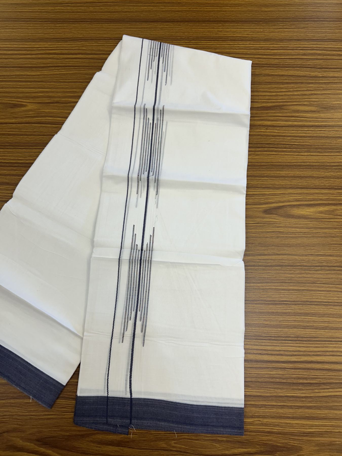 20% Discount ! Kaitharikada Balaramapuram 100% Cotton Pure White Double Mundu/Dothi - 100x80 - 1.5 inch Navy Blue Stripes Design Kara 3.80 mtr (8 muzham) - 20 KK5319 THI