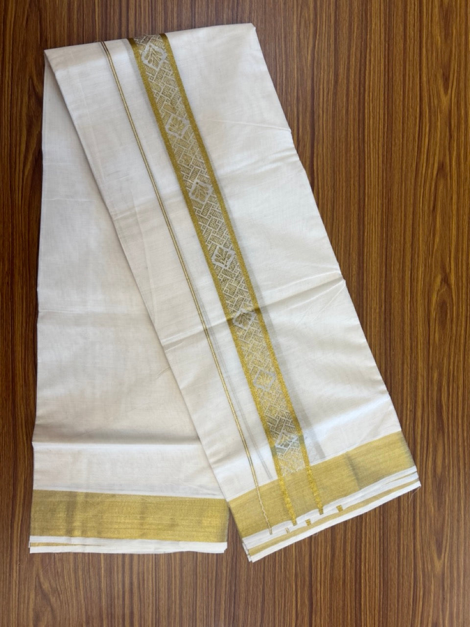 KaithariKada Balaramapuram Pure Cotton DOUBLE OFF WHITE - (Ubleached) Mundu/Dhoti - 60s - 1.75 inch Gold Kasav Jacquard Design Kara 4 mtr (8.5 muzham) - 17 KK5281 GAN