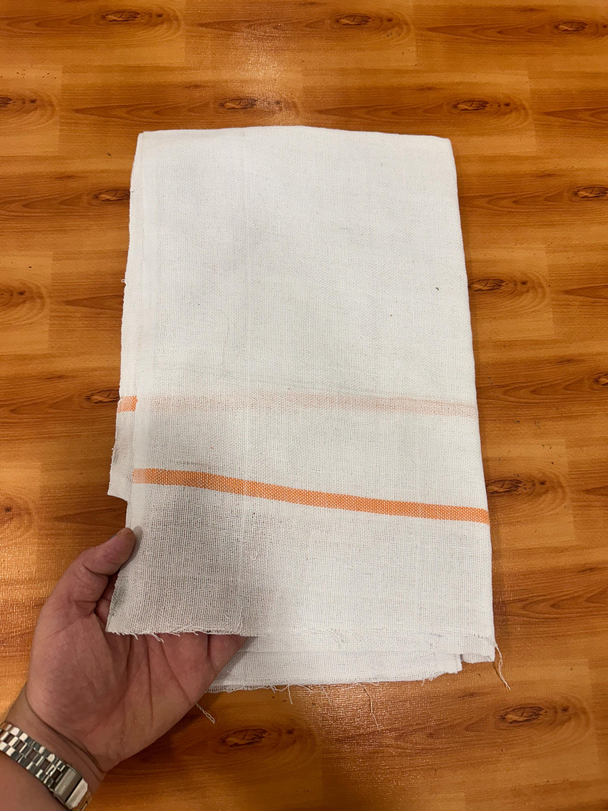 Kaitharikada - Handloom Pure Cotton Kerala Towel - Thorthu - (20x20s) - White Body & Orange Kara - 1 KK10001 KAL