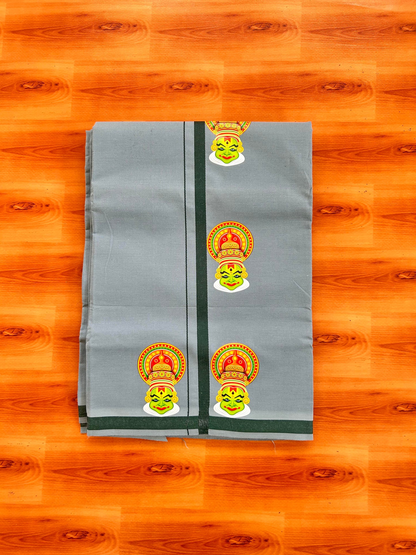 Single Kaily / Lungi- 20% Discount !! Kaitharikada - Pure Cotton - (40s) - 0.5 inch Dark Green Kara kathakali Printed Design Kara with Ash Blue colour Body (2 meter / 4 muzham) - 34 KK8062 GAN