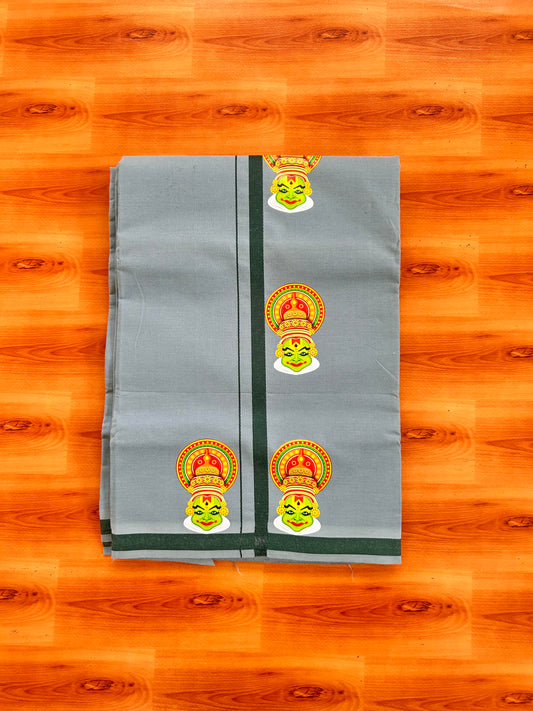 Single Kaily / Lungi- 20% Discount !! Kaitharikada - Pure Cotton - (40s) - 0.5 inch Dark Green Kara kathakali Printed Design Kara with Ash Blue colour Body (2 meter / 4 muzham) - 34 KK8062 GAN