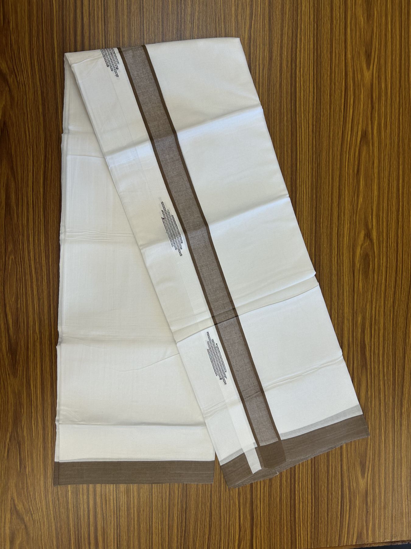 20% Discount ! Kaitharikada Balaramapuram 100% Cotton Pure White Double Mundu/Dothi - 100x80 - 1.5 inch Brown Stripes Design Kara 3.80 mtr (8 muzham) - 49 KK5319 THI