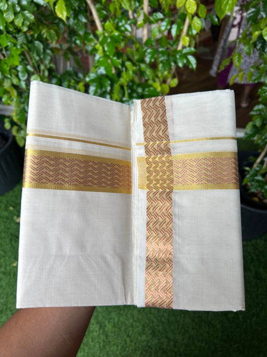 25% DISCOUNT ! KaithariKada HANDLOOM UNAKKUPAAV Balaramapuram - 100% PURE Cotton Off White - (Unbleached) Double Mundu/Dhoti - 1.75 inch Gold Kasavu & Copper Kasavu Jacquard Design Kara - 8KK5208ABH