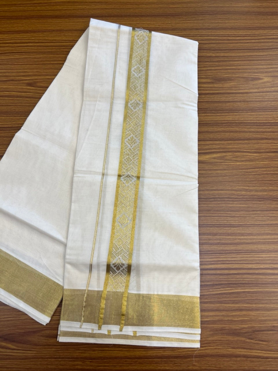 KaithariKada Balaramapuram Pure Cotton DOUBLE OFF WHITE - (Ubleached) Mundu/Dhoti - 60s - 1.75 inch Gold Kasav Jacquard Design Kara 4 mtr (8.5 muzham) - 17 KK5281 GAN