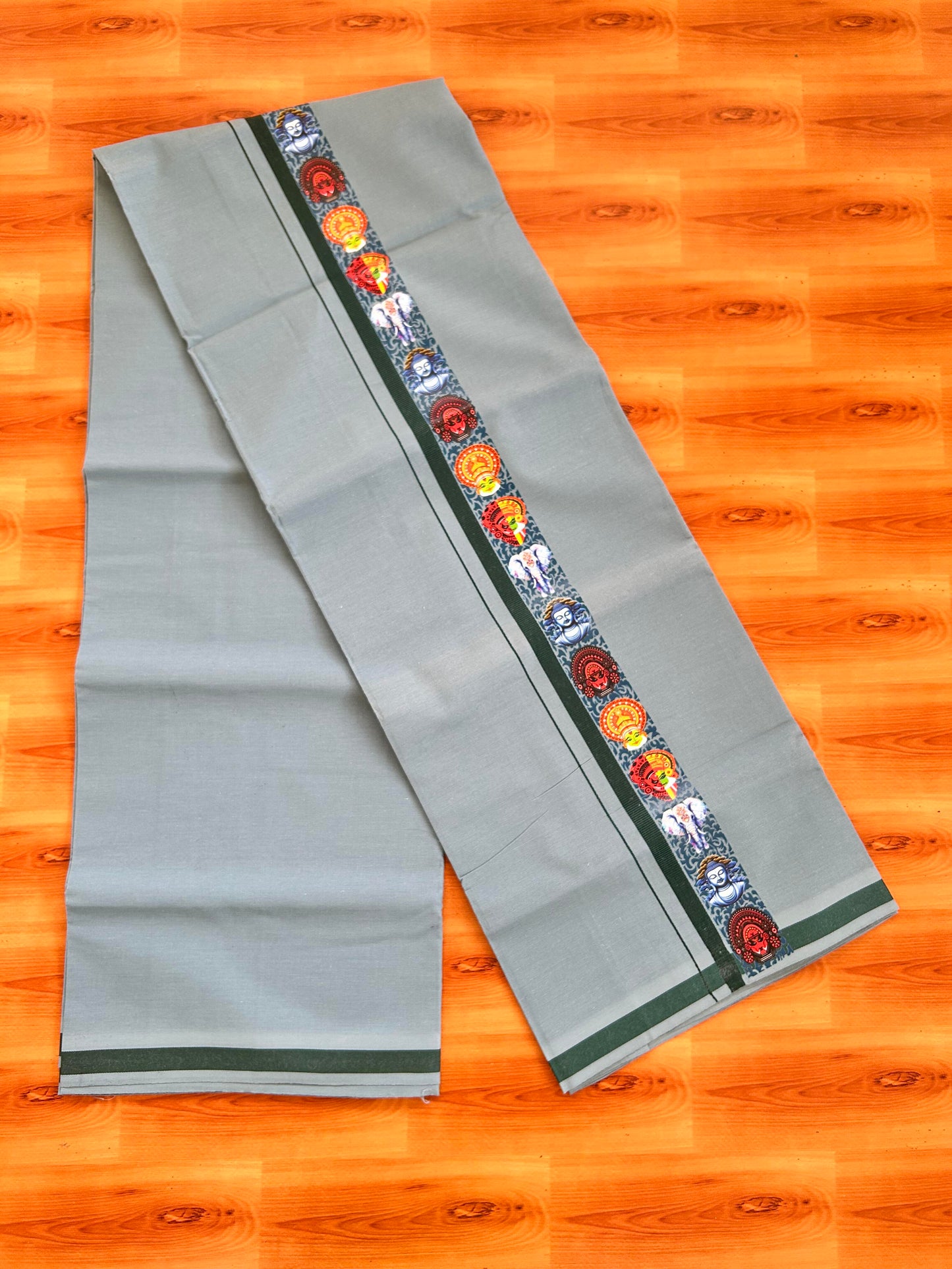 Single Kaily / Lungi- 20% Discount !! Kaitharikada - Pure Cotton - (40s) - 0.5 inch Dark Green Kara Multi Printed Design Kara with Ash Blue colour Body (2 meter / 4 muzham) - 36 KK8062 GAN