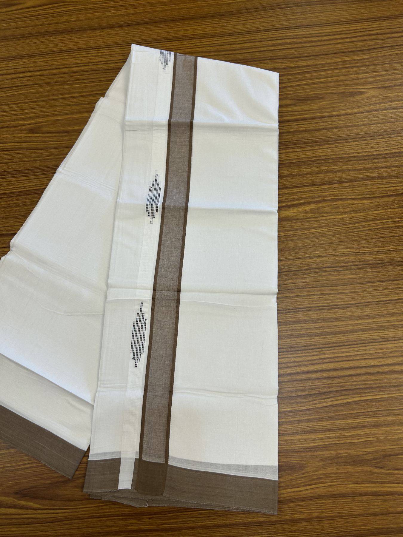 20% Discount ! Kaitharikada Balaramapuram 100% Cotton Pure White Double Mundu/Dothi - 100x80 - 1.5 inch Brown Stripes Design Kara 3.80 mtr (8 muzham) - 49 KK5319 THI