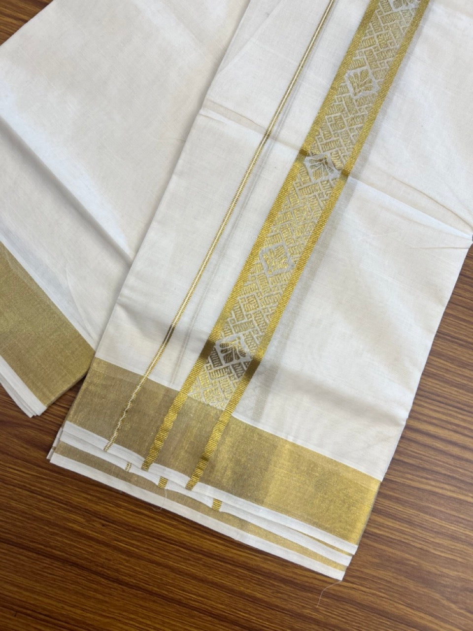 KaithariKada Balaramapuram Pure Cotton DOUBLE OFF WHITE - (Ubleached) Mundu/Dhoti - 60s - 1.75 inch Gold Kasav Jacquard Design Kara 4 mtr (8.5 muzham) - 17 KK5281 GAN
