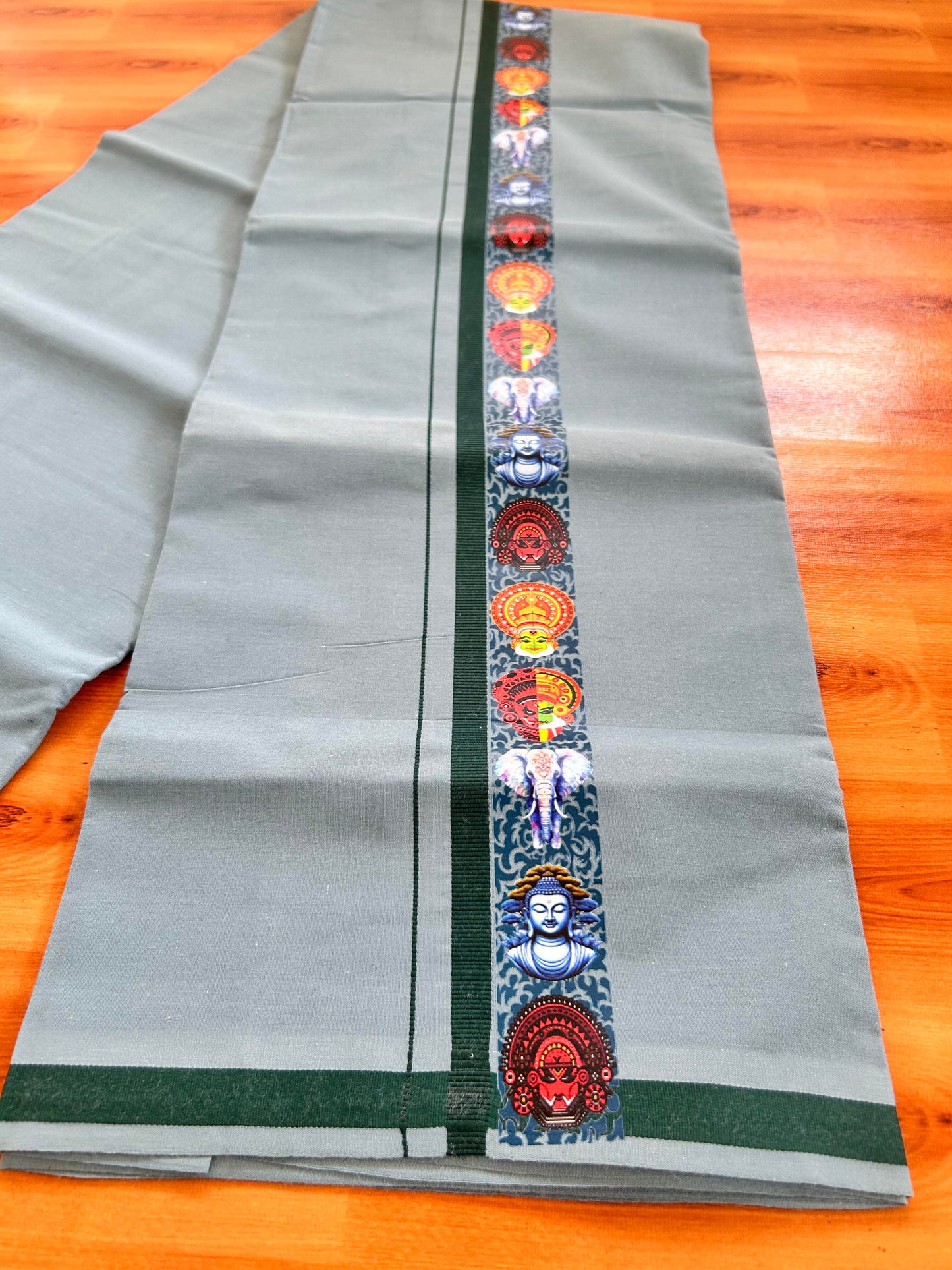 Single Kaily / Lungi- 20% Discount !! Kaitharikada - Pure Cotton - (40s) - 0.5 inch Dark Green Kara Multi Printed Design Kara with Ash Blue colour Body (2 meter / 4 muzham) - 36 KK8062 GAN