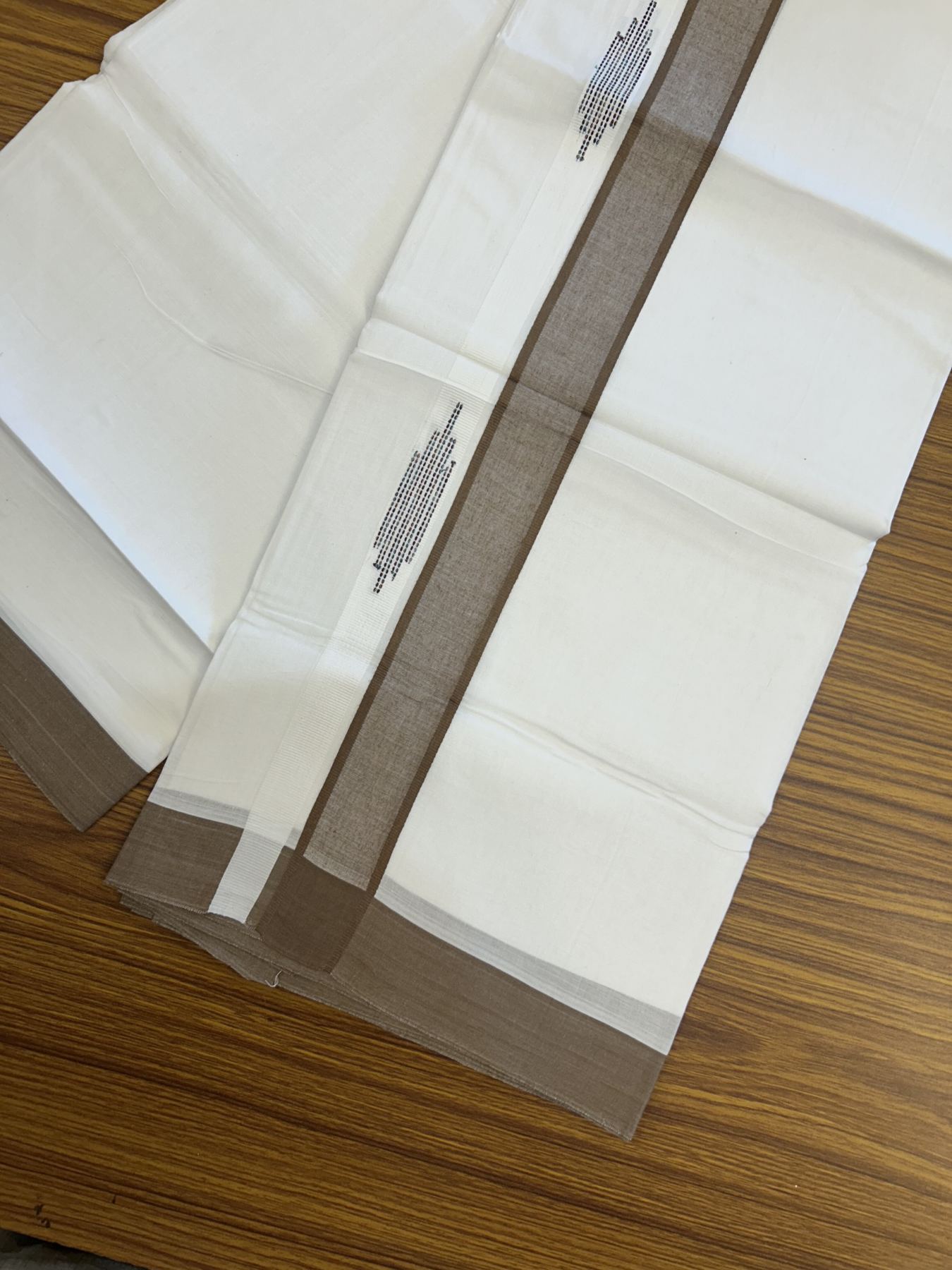 20% Discount ! Kaitharikada Balaramapuram 100% Cotton Pure White Double Mundu/Dothi - 100x80 - 1.5 inch Brown Stripes Design Kara 3.80 mtr (8 muzham) - 49 KK5319 THI