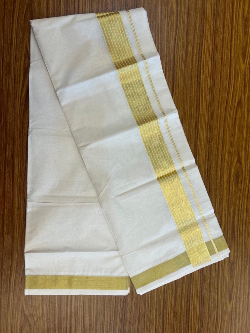 20% DISCOUNT!! KaithariKada Balaramapuram Pure Cotton DOUBLE OFF WHITE - (Ubleached) Mundu/Dhoti - 80x80 - 1.75 inch Kasav Stripes Kara 4 mtr (8.5 muzham) - 7 KK5281 GAN