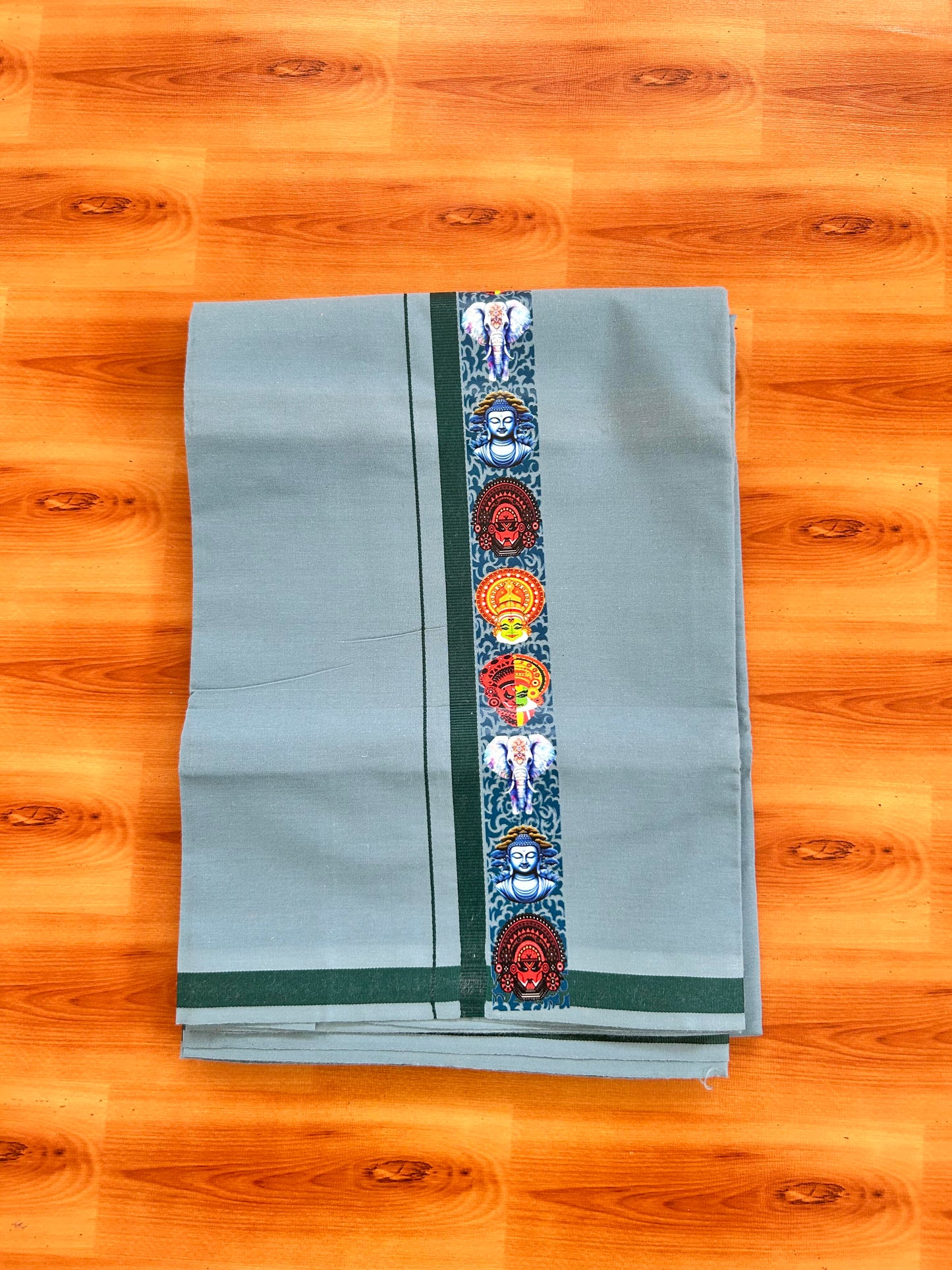 Single Kaily / Lungi- 20% Discount !! Kaitharikada - Pure Cotton - (40s) - 0.5 inch Dark Green Kara Multi Printed Design Kara with Ash Blue colour Body (2 meter / 4 muzham) - 36 KK8062 GAN