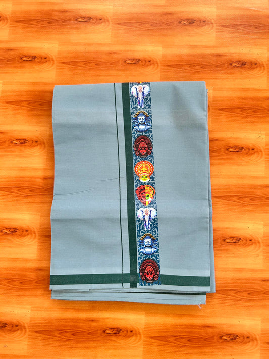 Single Kaily / Lungi- 20% Discount !! Kaitharikada - Pure Cotton - (40s) - 0.5 inch Dark Green Kara Multi Printed Design Kara with Ash Blue colour Body (2 meter / 4 muzham) - 36 KK8062 GAN