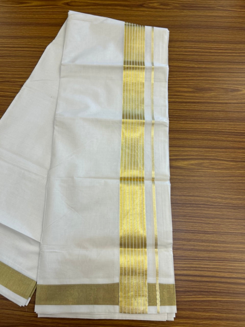 20% DISCOUNT!! KaithariKada Balaramapuram Pure Cotton DOUBLE OFF WHITE - (Ubleached) Mundu/Dhoti - 80x80 - 1.75 inch Kasav Stripes Kara 4 mtr (8.5 muzham) - 7 KK5281 GAN