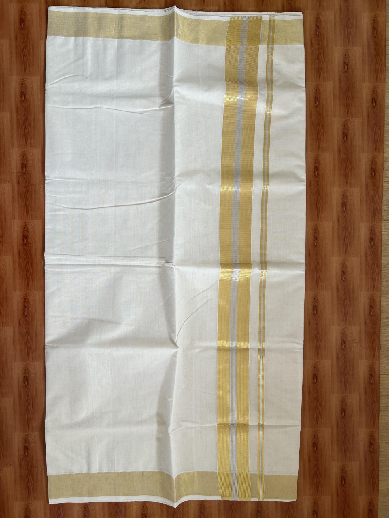 Kerala Saree for Women - 25% Discount KaithariKada Handloom Millpaav Balaramapuram - 100% Pure Cotton - 3.25 inch Gold & Silver Kasav striped Kara - 13 KK7158 RAV