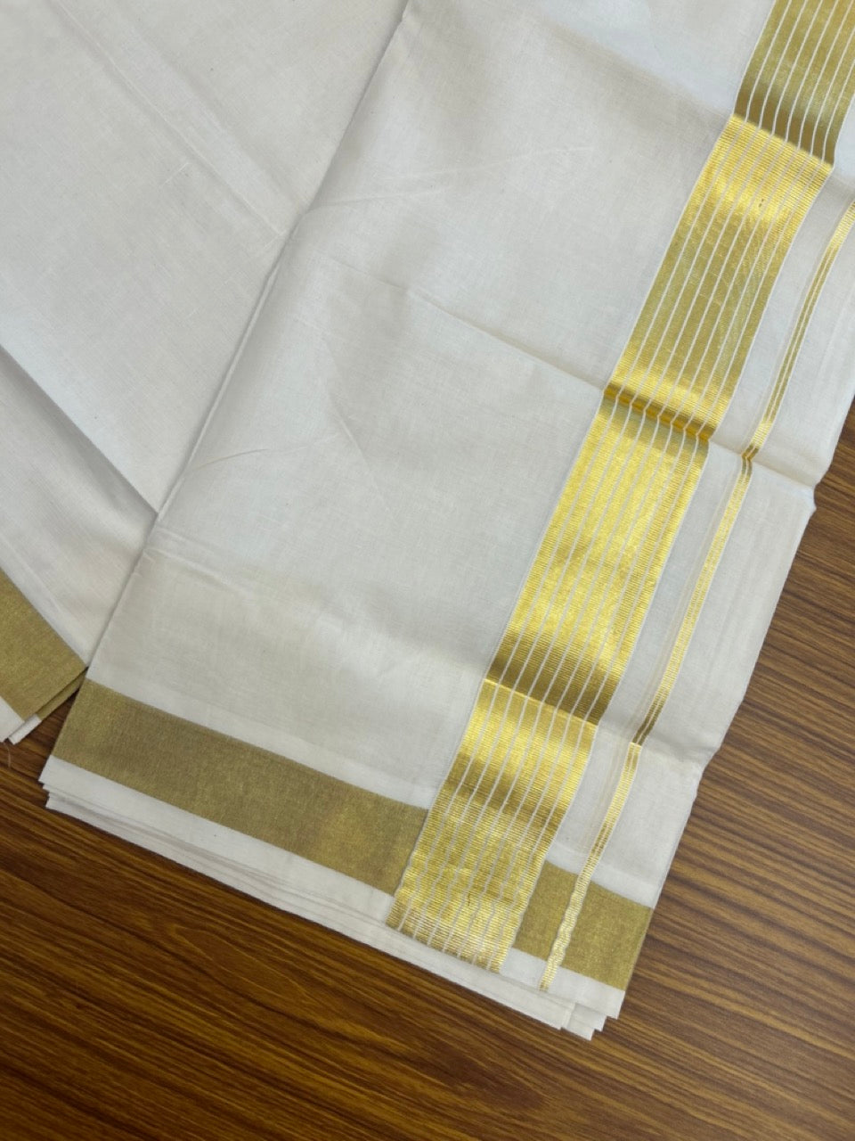 20% DISCOUNT!! KaithariKada Balaramapuram Pure Cotton DOUBLE OFF WHITE - (Ubleached) Mundu/Dhoti - 80x80 - 1.75 inch Kasav Stripes Kara 4 mtr (8.5 muzham) - 7 KK5281 GAN