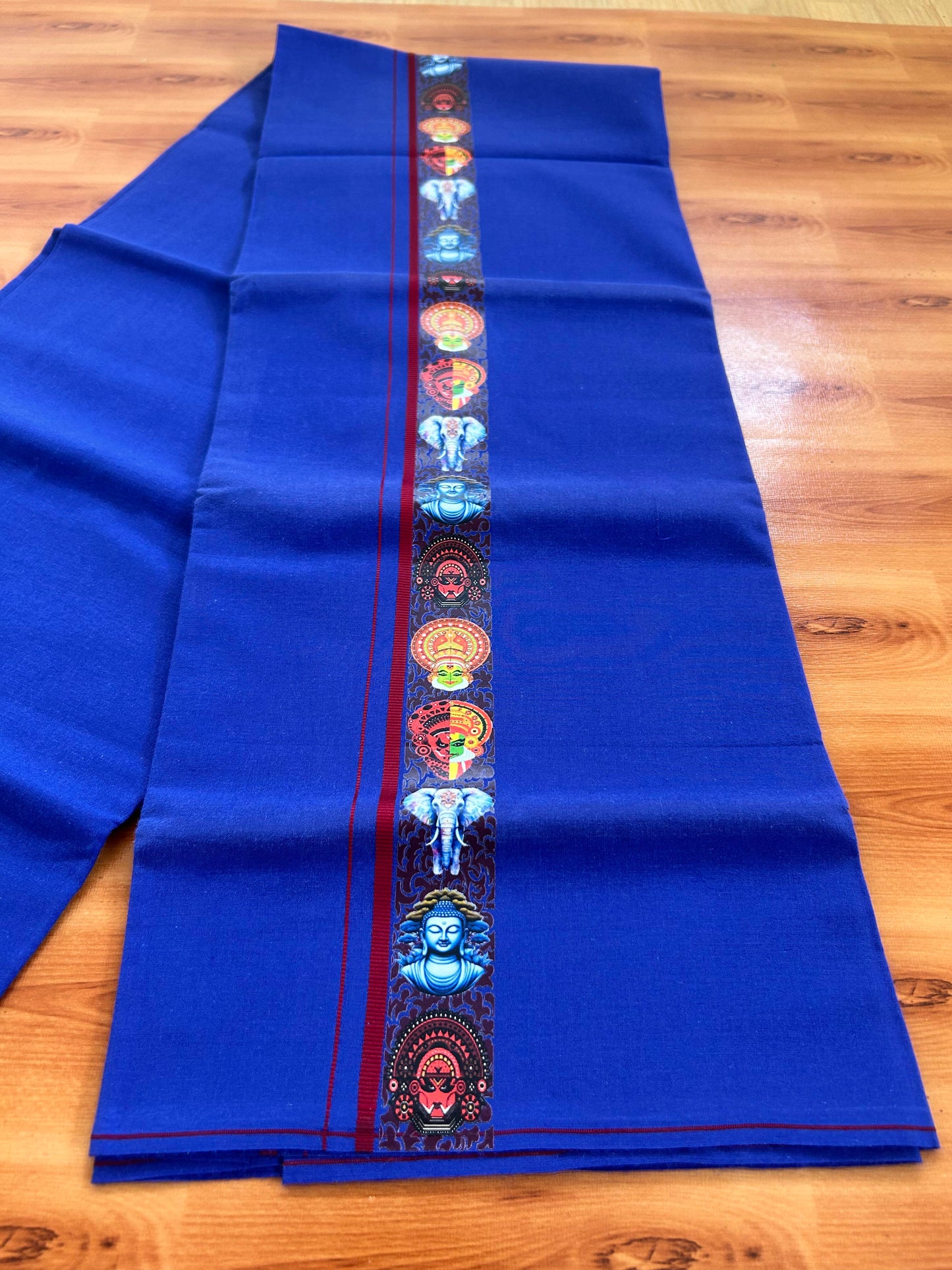 Single Kaily / Lungi- 20% Discount !! Kaitharikada - Pure Cotton - (40s) - 0.5 cm Maroon Kara Multi Printed Design Kara with Dark Blue colour Body (2 meter / 4 muzham) - 39 KK8062 GAN