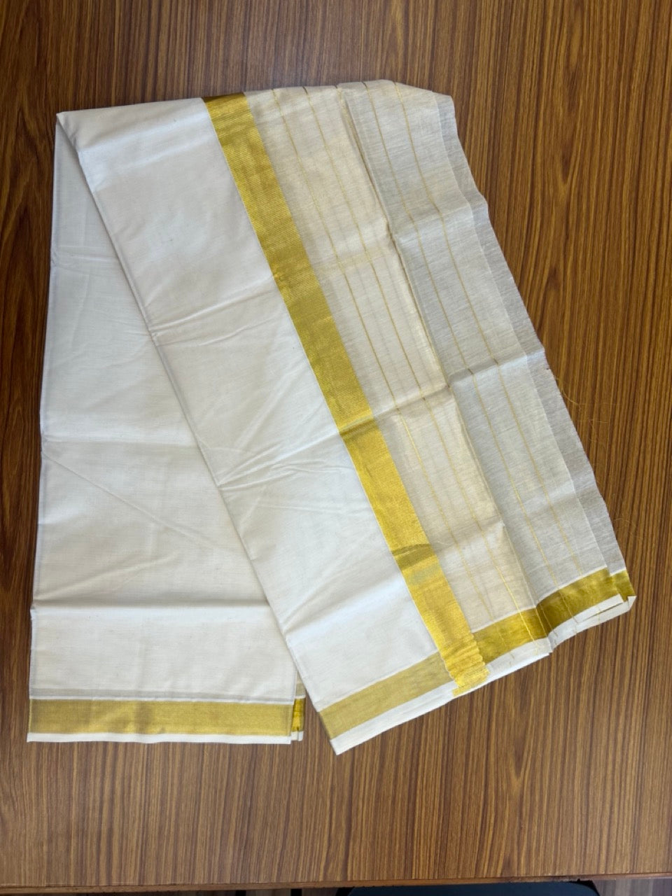 20% DISCOUNT! Kaitharikada Balaramapuram 100% Cotton OFF WHITE Double Mundu/Dothi - 60s - Half Tissue 8 Inch Gold Kasav Stripes Kara 4 mtr (8.5 muzham) - 4 KK5281 GAN