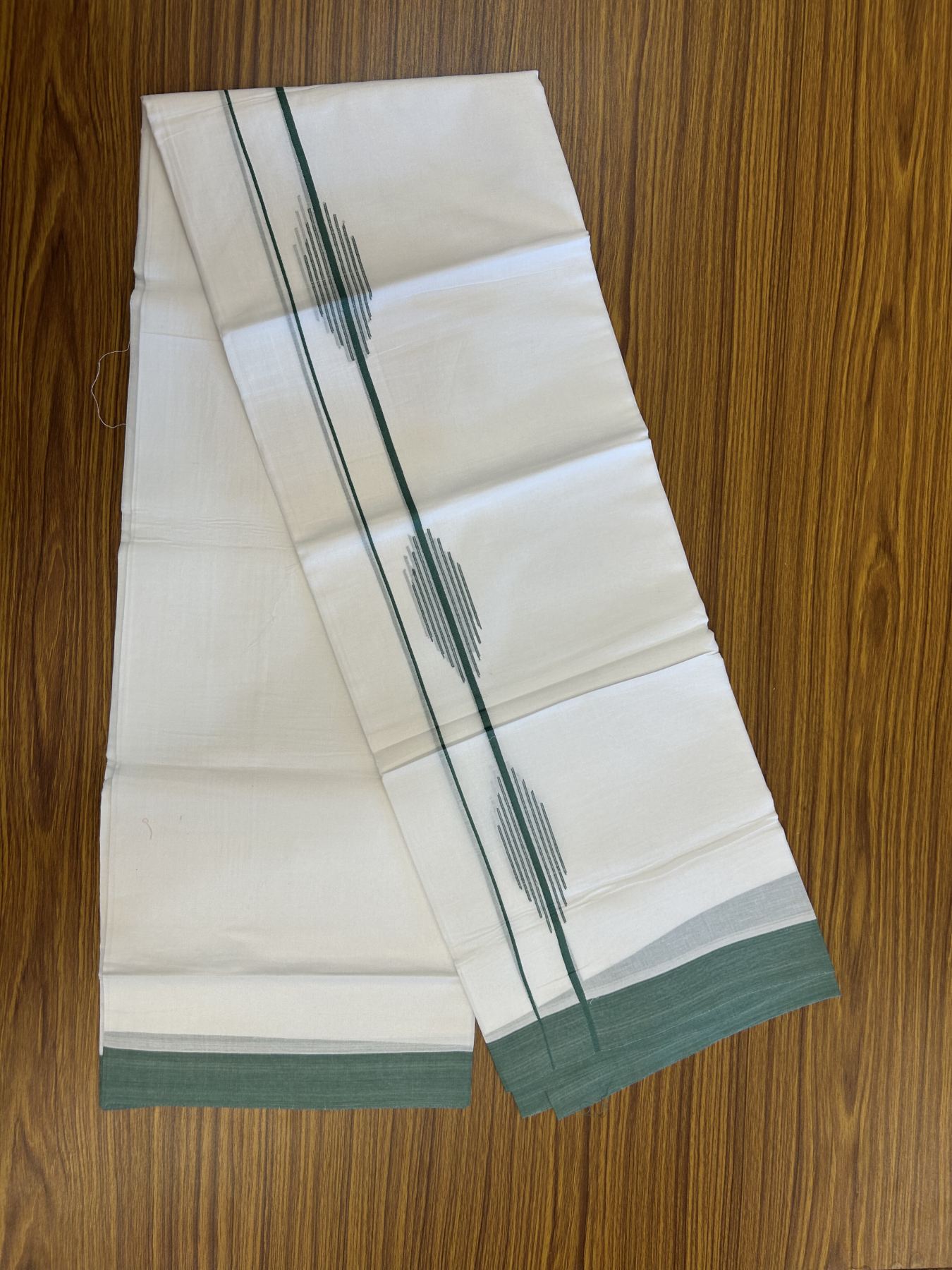 20% Discount ! Kaitharikada Balaramapuram 100% Cotton Pure White Double Mundu/Dothi - 100x80 - 1.5 inch Teal Green Stripes Design Kara 3.80 mtr (8 muzham) - 40 KK5319 THI