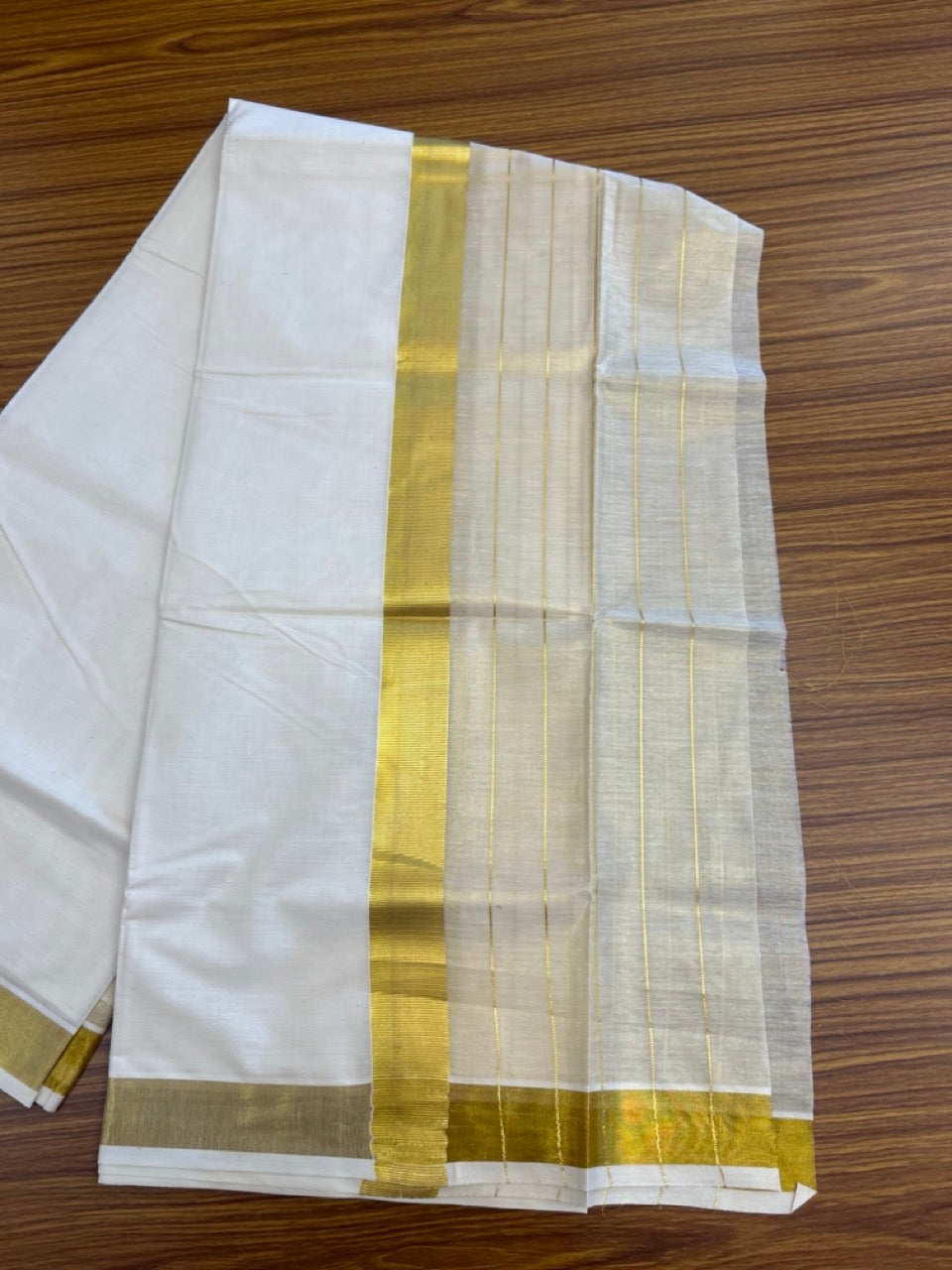 20% DISCOUNT! Kaitharikada Balaramapuram 100% Cotton OFF WHITE Double Mundu/Dothi - 60s - Half Tissue 8 Inch Gold Kasav Stripes Kara 4 mtr (8.5 muzham) - 4 KK5281 GAN
