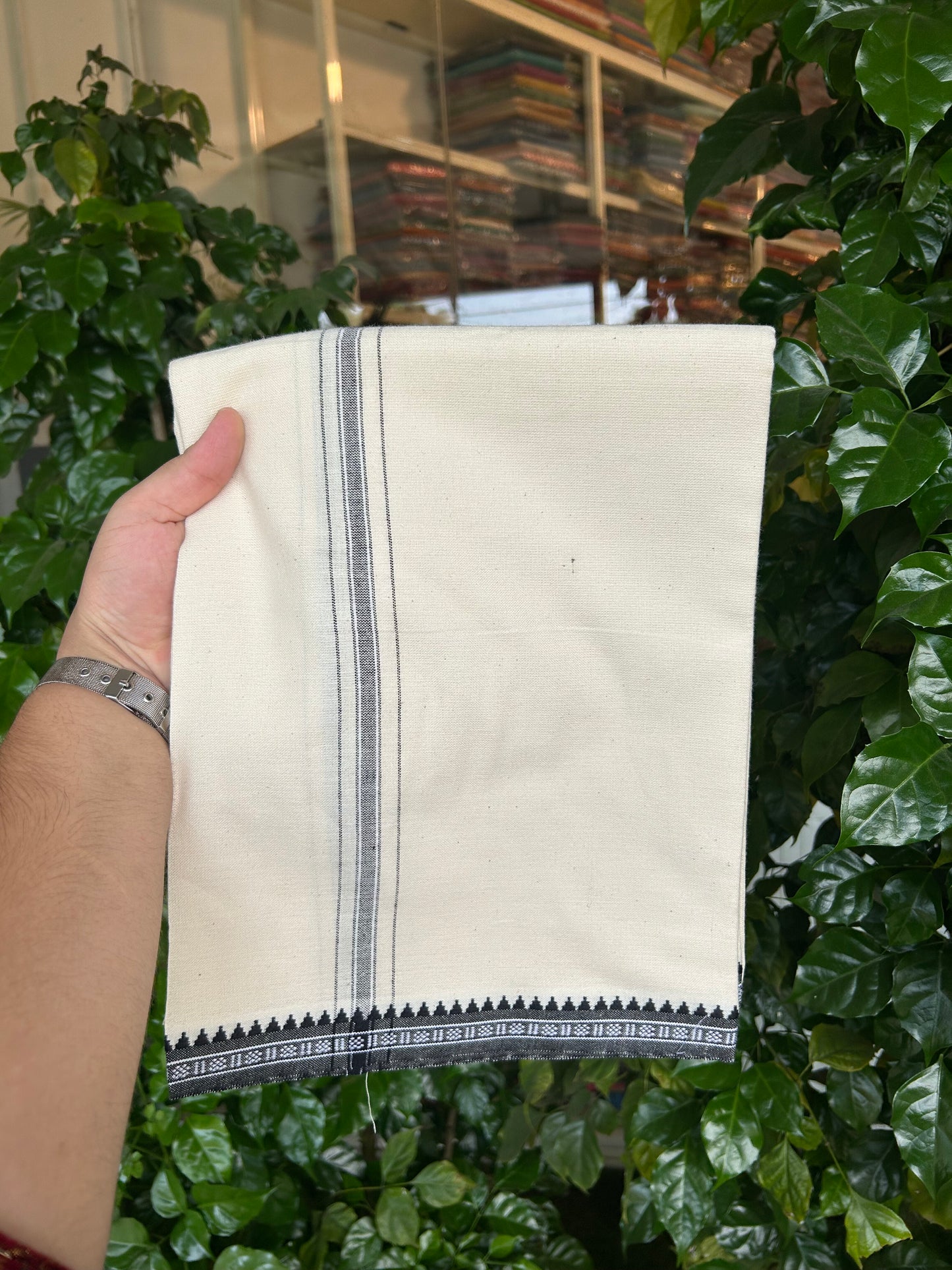 Premium Kathar Type Pure Cotton Single Mundu Kaitharikada Special - Kaily / Lungi - 2/40s Twisted Warp x 20s Weft - 1 inch Black Striped kara Off White Body Kuppadam Border (2 meter / 4 muzham) - 1 KK8049 MR