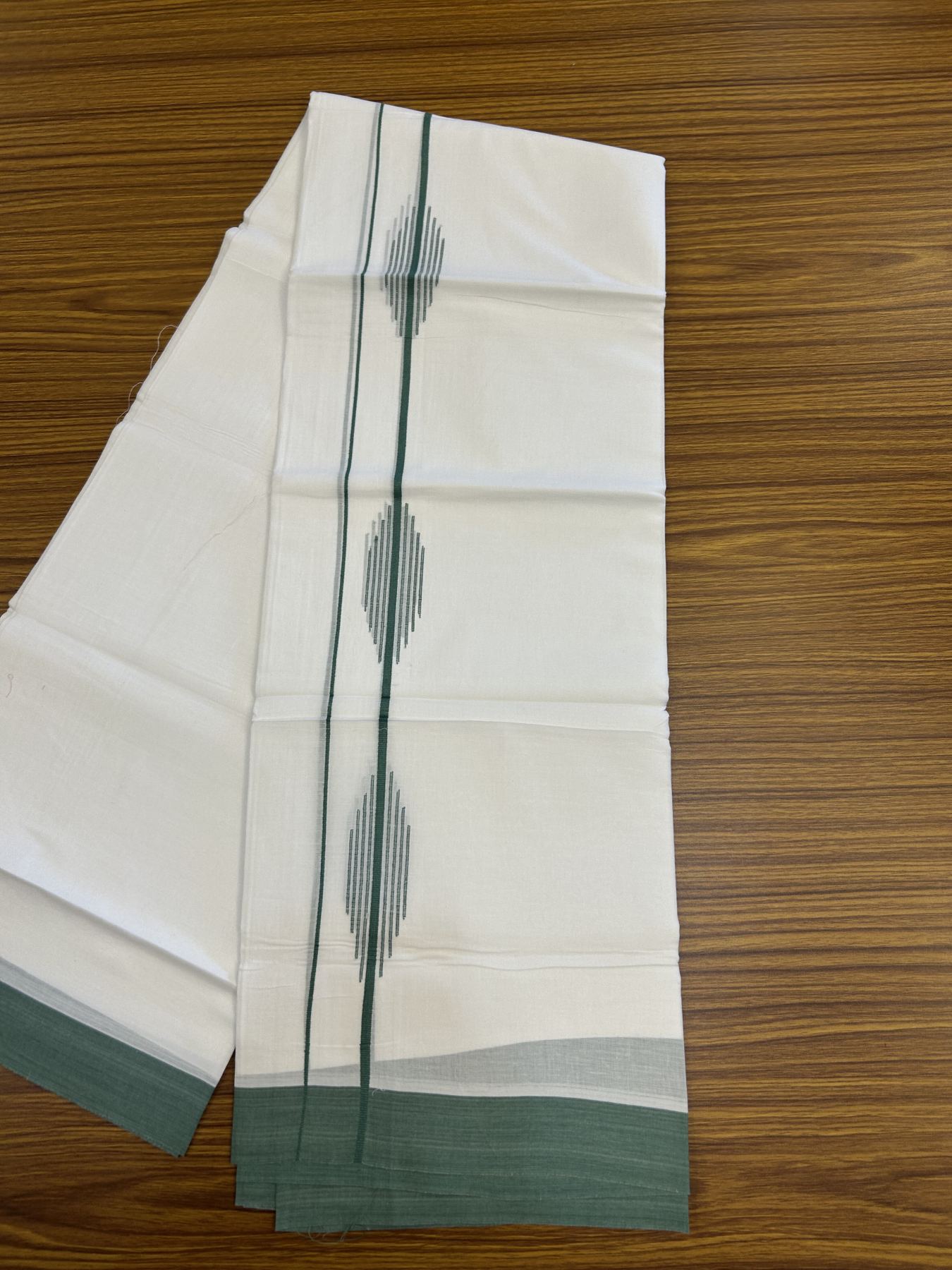 20% Discount ! Kaitharikada Balaramapuram 100% Cotton Pure White Double Mundu/Dothi - 100x80 - 1.5 inch Teal Green Stripes Design Kara 3.80 mtr (8 muzham) - 40 KK5319 THI