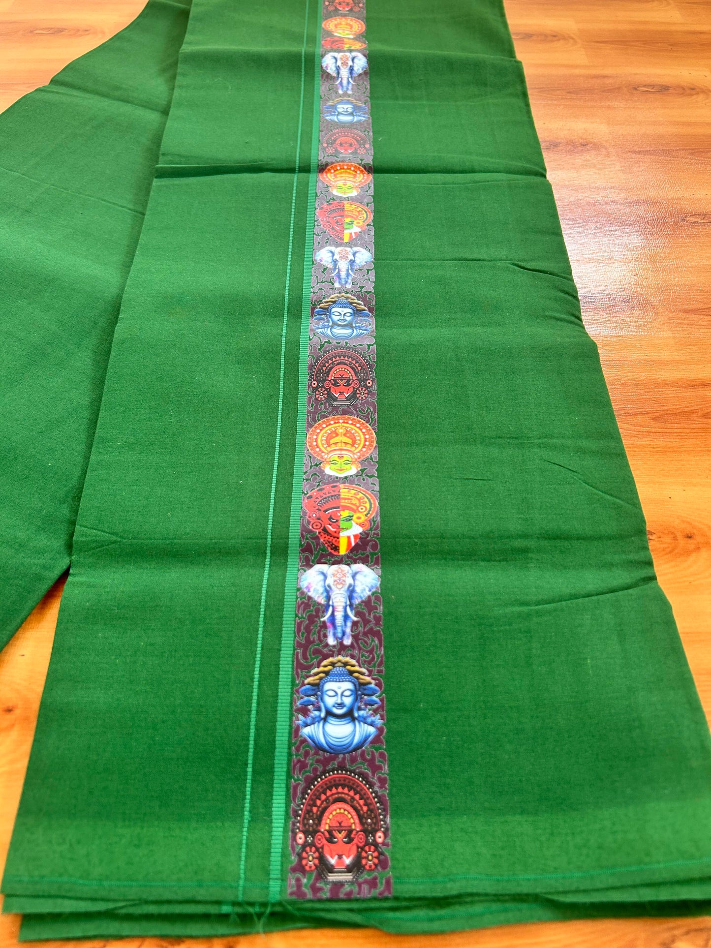 Single Kaily / Lungi- 20% Discount !! Kaitharikada - Pure Cotton - (40s) - 0.5 cm Green Kara Multi Printed Design Kara with Dark Green colour Body (2 meter / 4 muzham) - 38 KK8062 GAN