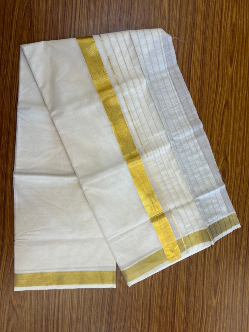 20% DISCOUNT! Kaitharikada Balaramapuram 100% Cotton OFF WHITE Double Mundu/Dothi - 60s - 8 Inch Gold Kasav Stripes Kara 4 mtr (8.5 muzham) - 6 KK5281 GAN
