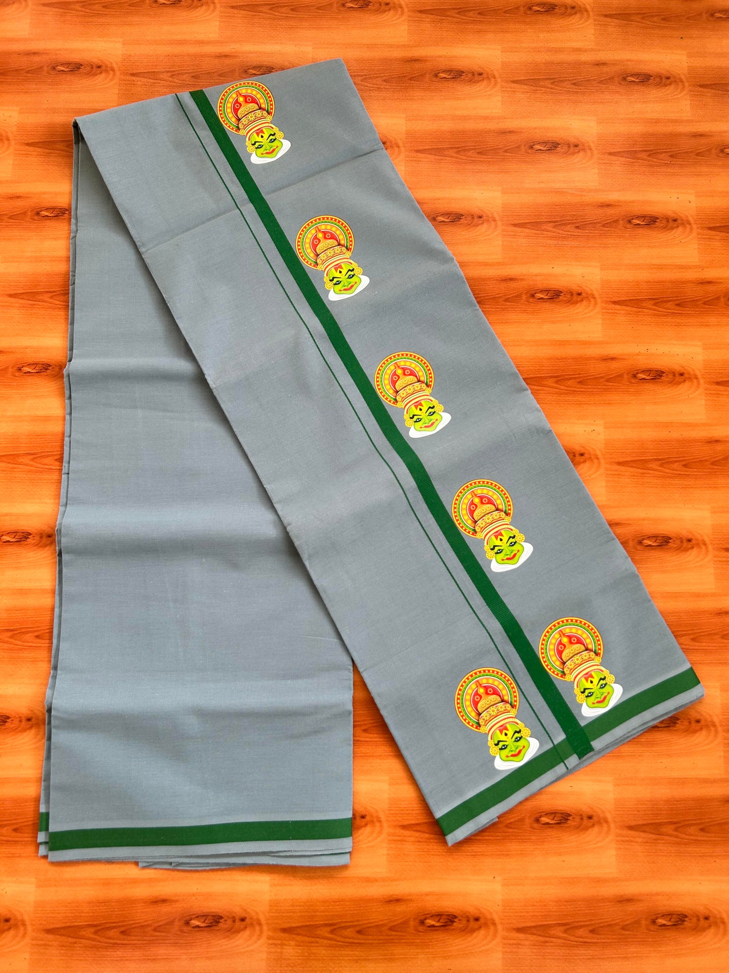 Single Kaily / Lungi- 20% Discount !! Kaitharikada - Pure Cotton - (40s) - 0.5 inch Light Green Kara kathakali Printed Design Kara with Ash Blue colour Body (2 meter / 4 muzham) - 35 KK8062 GAN