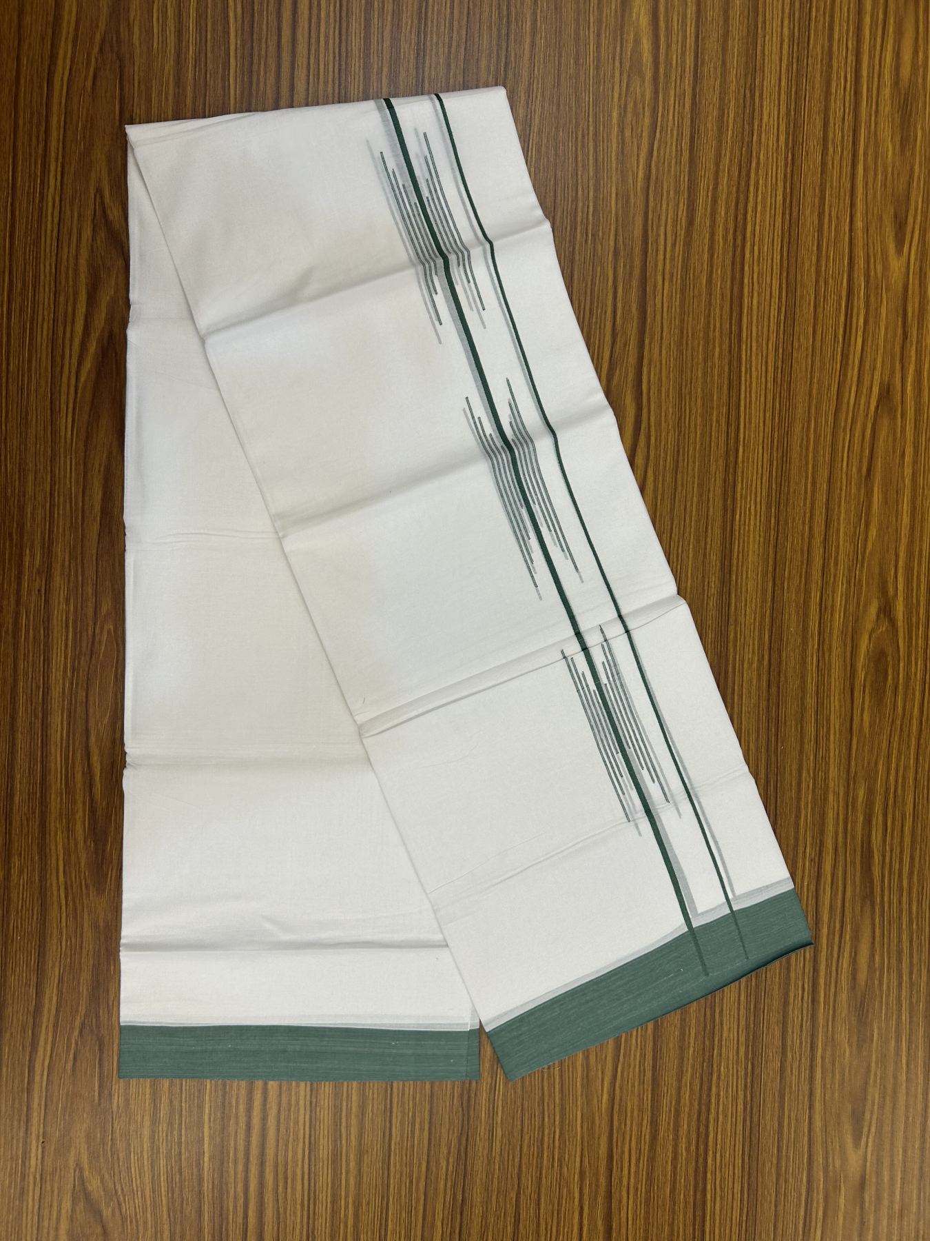 20% Discount ! Kaitharikada Balaramapuram 100% Cotton Pure White Double Mundu/Dothi - 100x80 - 1.5 inch Light Teal Green Stripes Design Kara 3.80 mtr (8 muzham) - 13 KK5319 THI