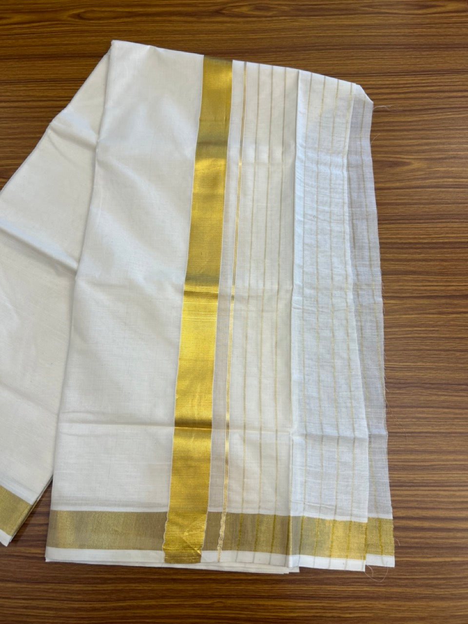 20% DISCOUNT! Kaitharikada Balaramapuram 100% Cotton OFF WHITE Double Mundu/Dothi - 60s - 8 Inch Gold Kasav Stripes Kara 4 mtr (8.5 muzham) - 6 KK5281 GAN