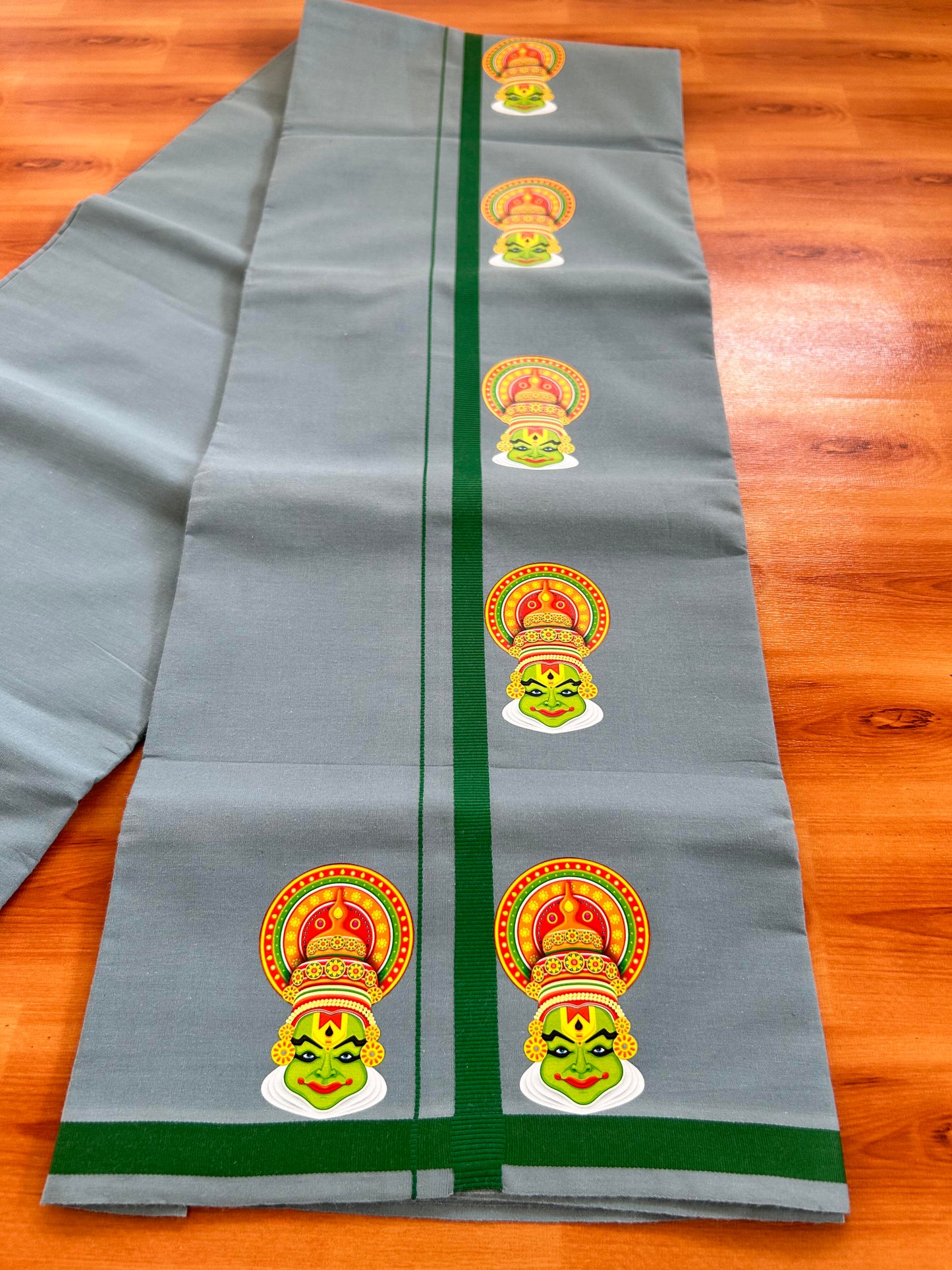 Single Kaily / Lungi- 20% Discount !! Kaitharikada - Pure Cotton - (40s) - 0.5 inch Light Green Kara kathakali Printed Design Kara with Ash Blue colour Body (2 meter / 4 muzham) - 35 KK8062 GAN