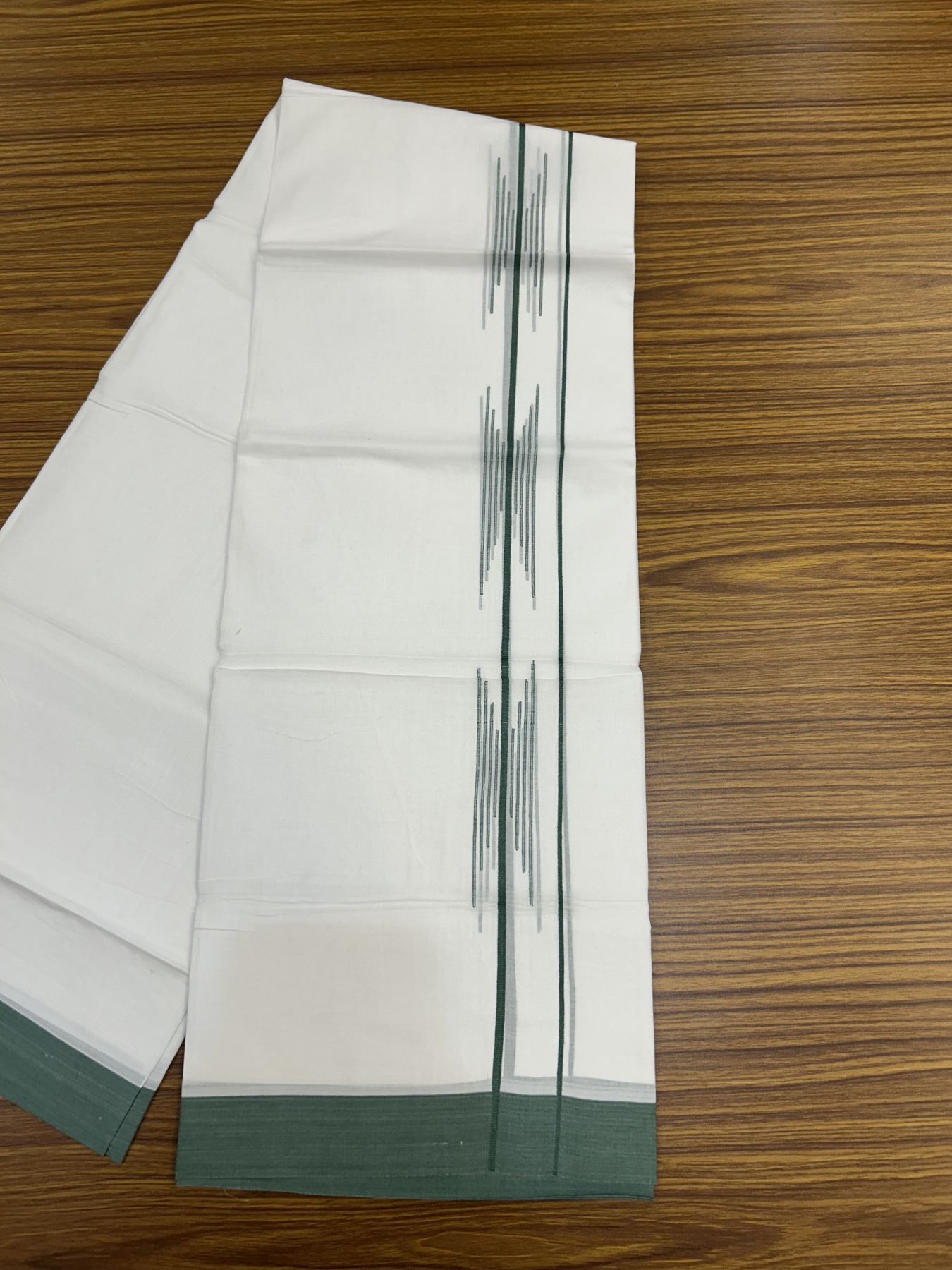 20% Discount ! Kaitharikada Balaramapuram 100% Cotton Pure White Double Mundu/Dothi - 100x80 - 1.5 inch Light Teal Green Stripes Design Kara 3.80 mtr (8 muzham) - 13 KK5319 THI