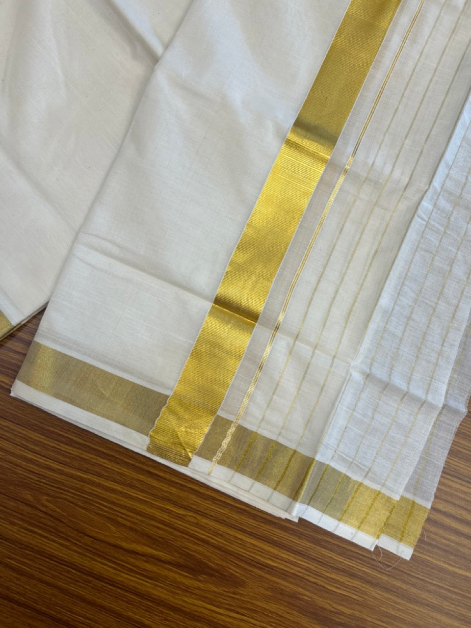 20% DISCOUNT! Kaitharikada Balaramapuram 100% Cotton OFF WHITE Double Mundu/Dothi - 60s - 8 Inch Gold Kasav Stripes Kara 4 mtr (8.5 muzham) - 6 KK5281 GAN