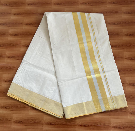 Kerala Saree for Women - 25% Discount KaithariKada Handloom Millpaav Balaramapuram - 100% Pure Cotton - 3 inch Gold & Silver Kasav striped Kara - 14 KK7158 RAV