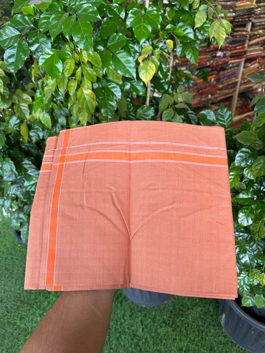 2.5 meter Special Premium Dyed Cotton Type Kavi Single Mundu Kaitharikada Special - Kaily / Lungi - 40s Warp x 40s Weft - 0.75 inch Orange Striped kara with Kavi Body (5.36 muzham) - 5 KK8049 MR