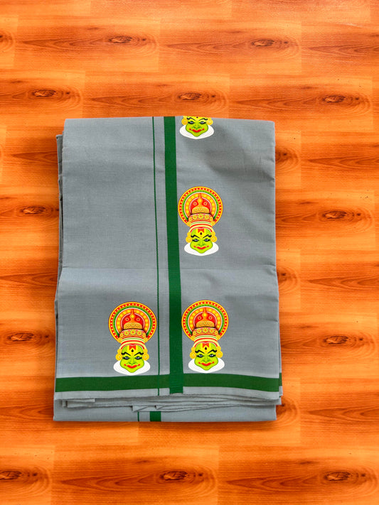 Single Kaily / Lungi- 20% Discount !! Kaitharikada - Pure Cotton - (40s) - 0.5 inch Light Green Kara kathakali Printed Design Kara with Ash Blue colour Body (2 meter / 4 muzham) - 35 KK8062 GAN