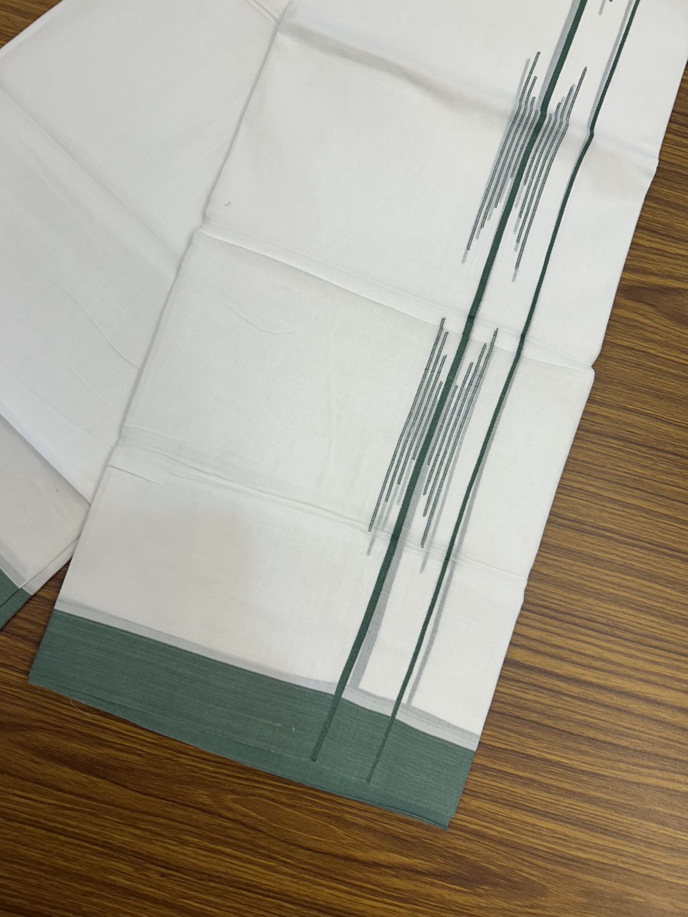 20% Discount ! Kaitharikada Balaramapuram 100% Cotton Pure White Double Mundu/Dothi - 100x80 - 1.5 inch Light Teal Green Stripes Design Kara 3.80 mtr (8 muzham) - 13 KK5319 THI