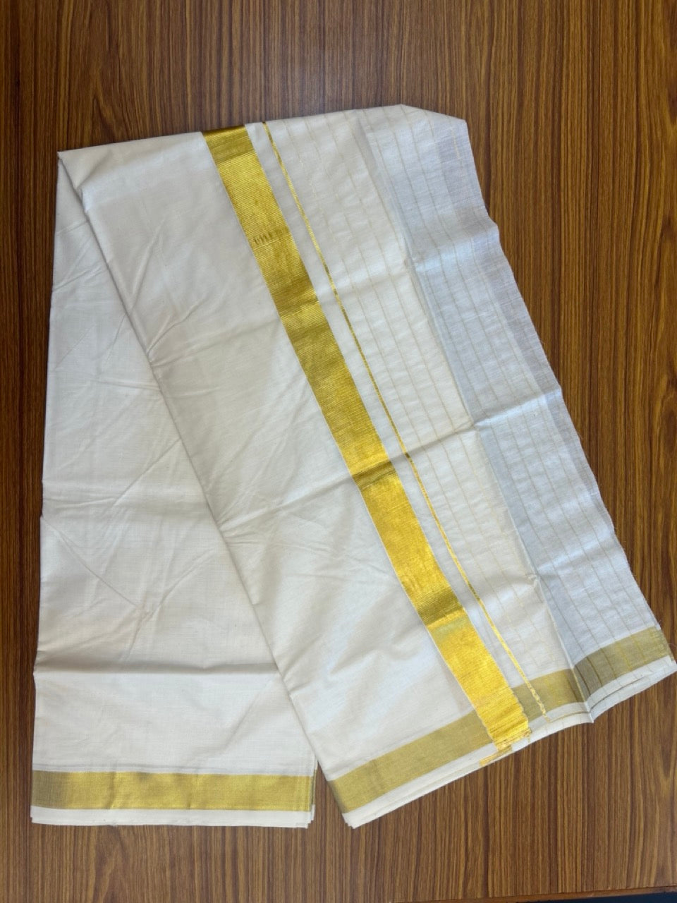 20% DISCOUNT! Kaitharikada Balaramapuram 100% Cotton OFF WHITE Double Mundu/Dothi - 60s - 8 Inch Gold Kasav Stripes Kara 4 mtr (8.5 muzham) - 5 KK5281 GAN